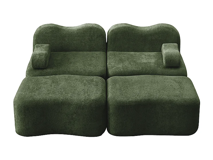 Canapé 2 places d'angle modulable en velours, avec 2 pouf, 192x167x70cm, Vert