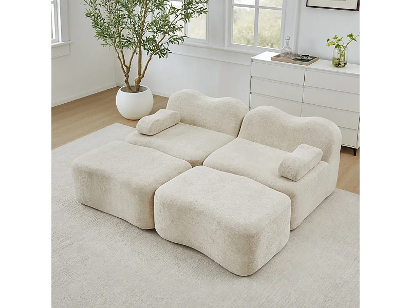 Canapé 2 places d'angle modulable en velours, avec 2 pouf, 192x167x70cm, Beige