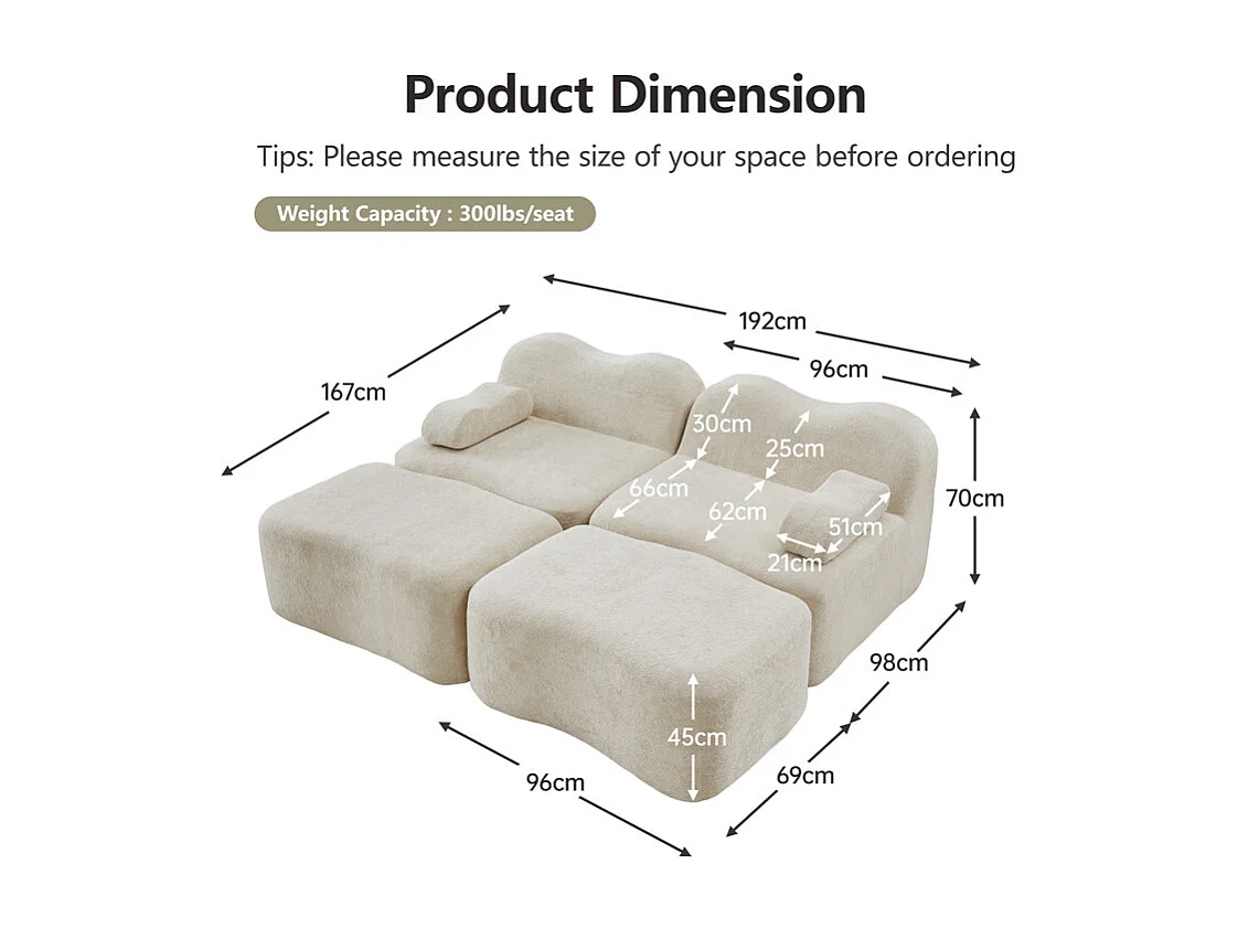 Canapé 2 places d'angle modulable en velours, avec 2 pouf, 192x167x70cm, Beige