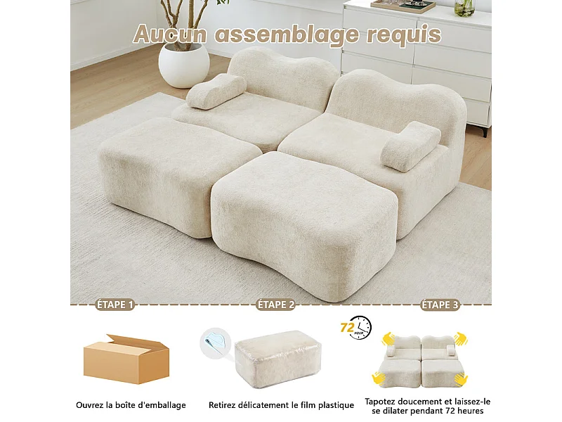 Canapé 2 places d'angle modulable en velours, avec 2 pouf, 192x167x70cm, Beige