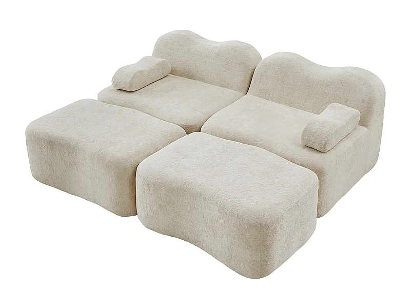Canapé 2 places d'angle modulable en velours, avec 2 pouf, 192x167x70cm, Beige