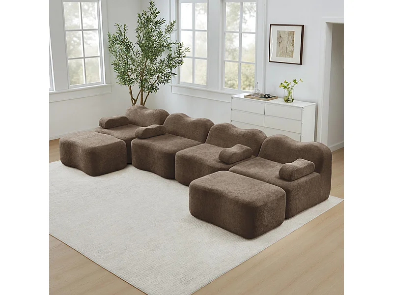 Modulaire U-hoekbank - 4-zits - met 2 poefs - Fluweel - 384x167x70cm - Bruin