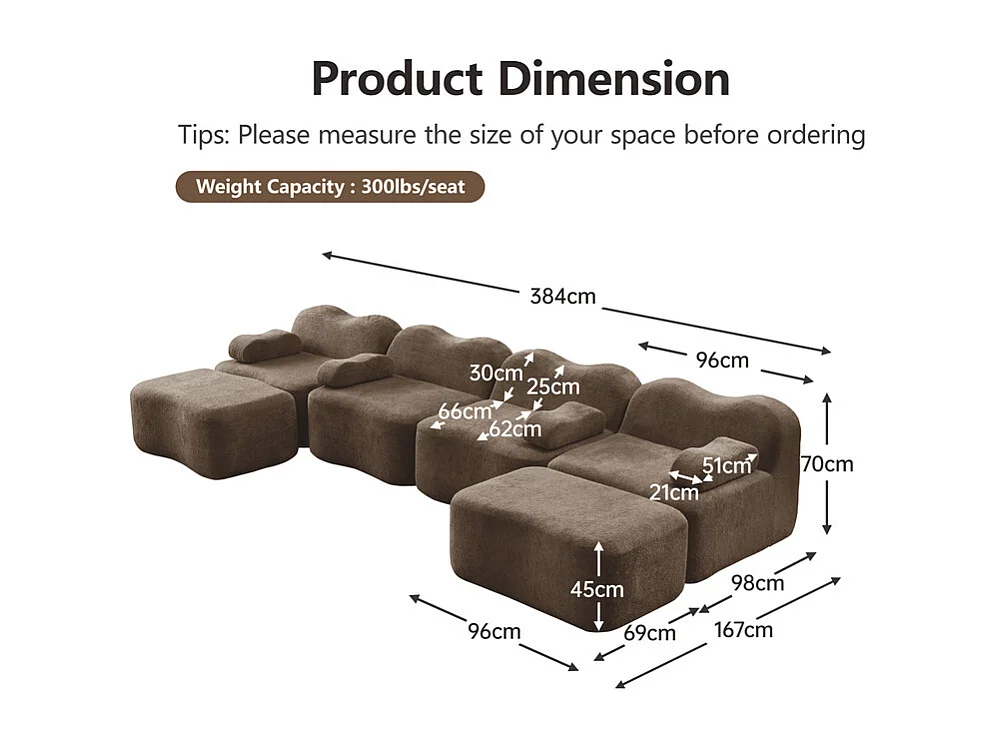 Modulaire U-hoekbank - 4-zits - met 2 poefs - Fluweel - 384x167x70cm - Bruin