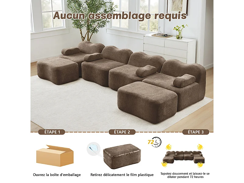 Modulaire U-hoekbank - 4-zits - met 2 poefs - Fluweel - 384x167x70cm - Bruin