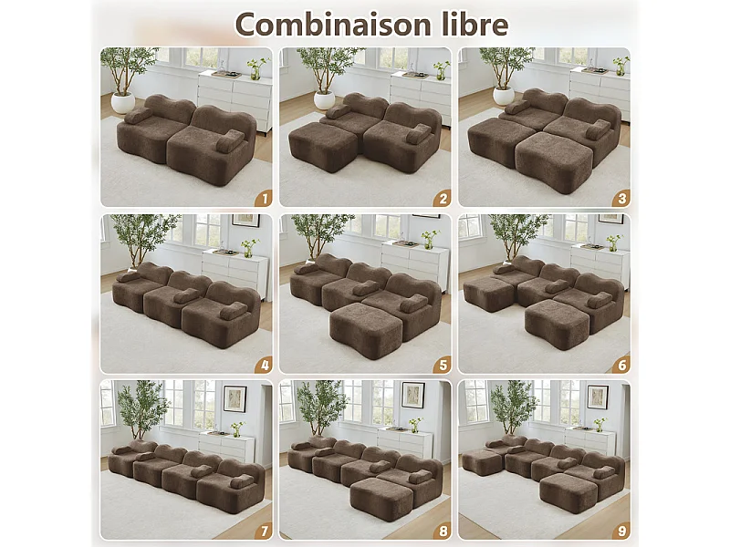 Modulaire U-hoekbank - 4-zits - met 2 poefs - Fluweel - 384x167x70cm - Bruin