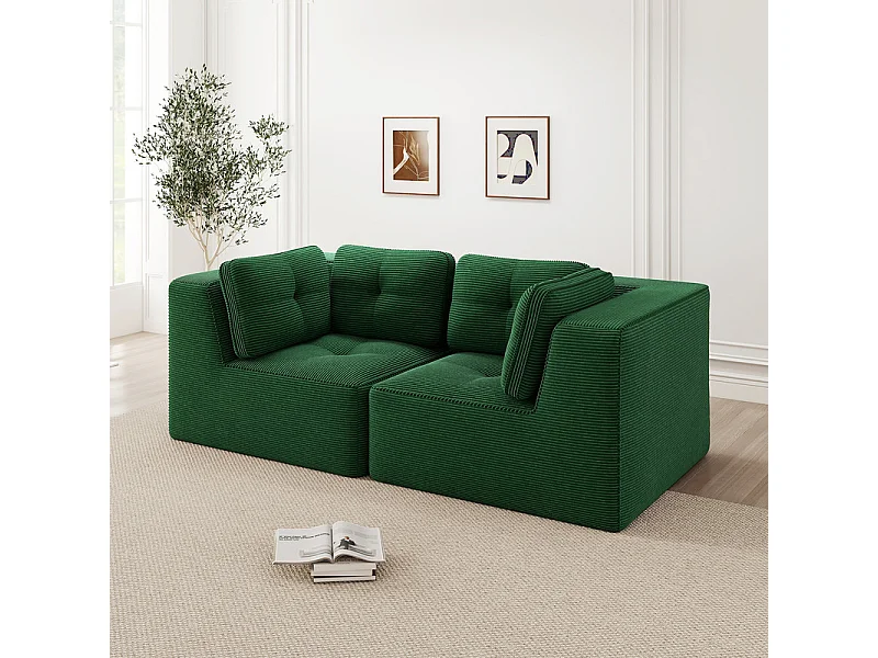 Canapé 2 places modulable en velours côtelé vert - avec 4 coussins - 208x104x69cm