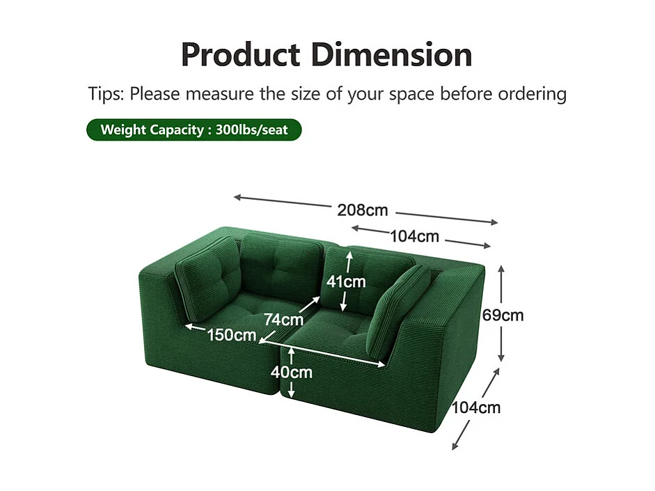 Canapé 2 places modulable en velours côtelé vert - avec 4 coussins - 208x104x69cm