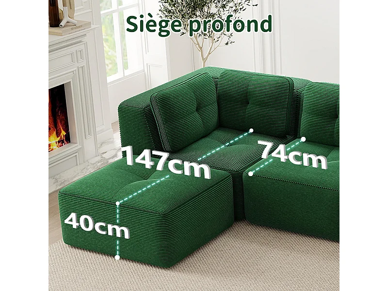 Canapé 2 places modulable en velours côtelé vert - avec 4 coussins - 208x104x69cm