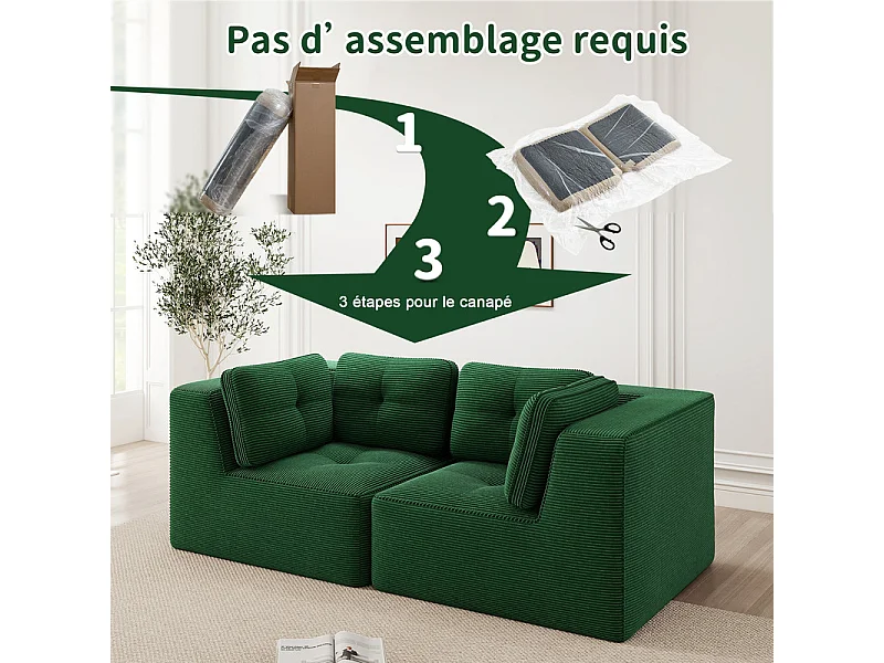 Canapé 2 places modulable en velours côtelé vert - avec 4 coussins - 208x104x69cm