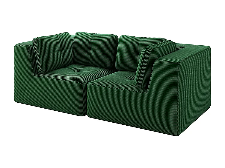 Canapé 2 places modulable en velours côtelé vert - avec 4 coussins - 208x104x69cm