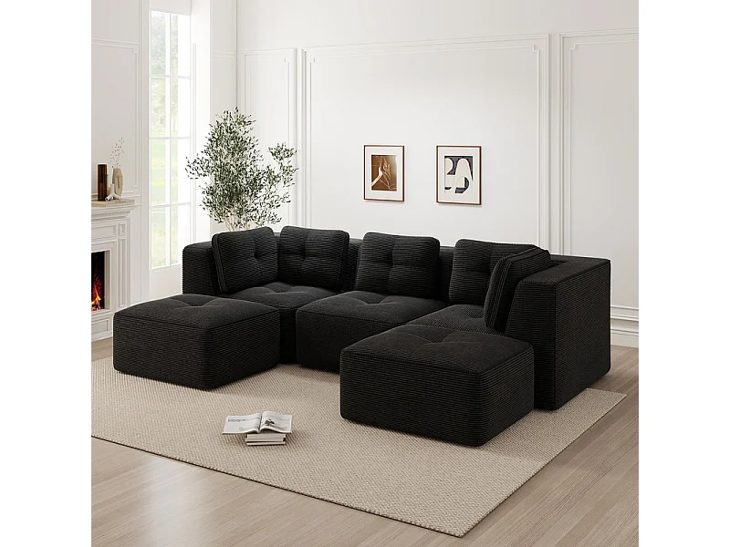 Canapé d'angle modulable en U en velours côtelé - avec 2 pouf - 297x177x69cm - Noir