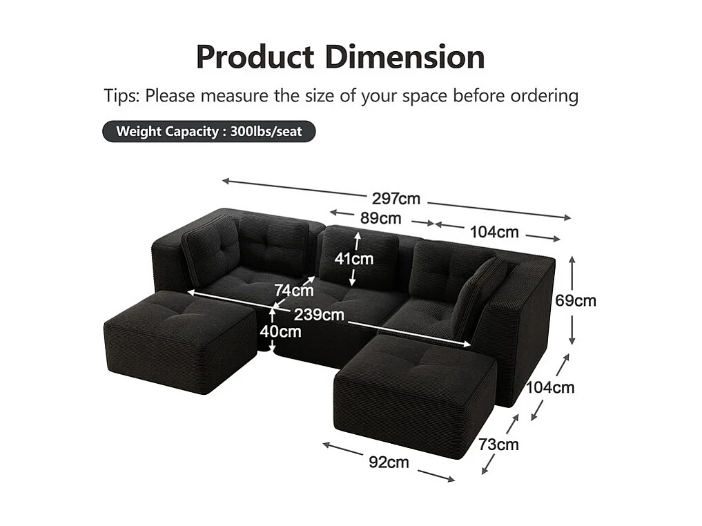 Canapé d'angle modulable en U en velours côtelé - avec 2 pouf - 297x177x69cm - Noir