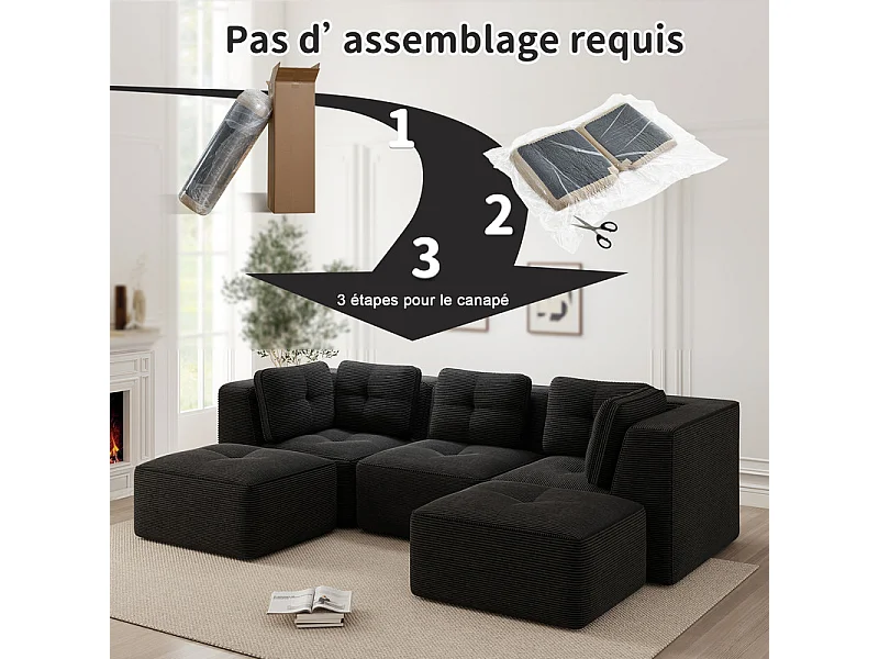 Canapé d'angle modulable en U en velours côtelé - avec 2 pouf - 297x177x69cm - Noir