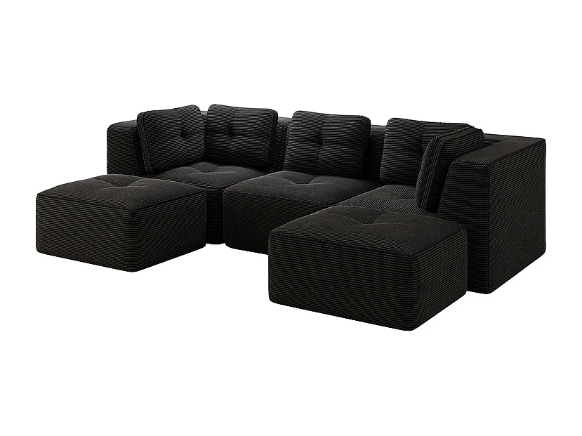 Canapé d'angle modulable en U en velours côtelé - avec 2 pouf - 297x177x69cm - Noir