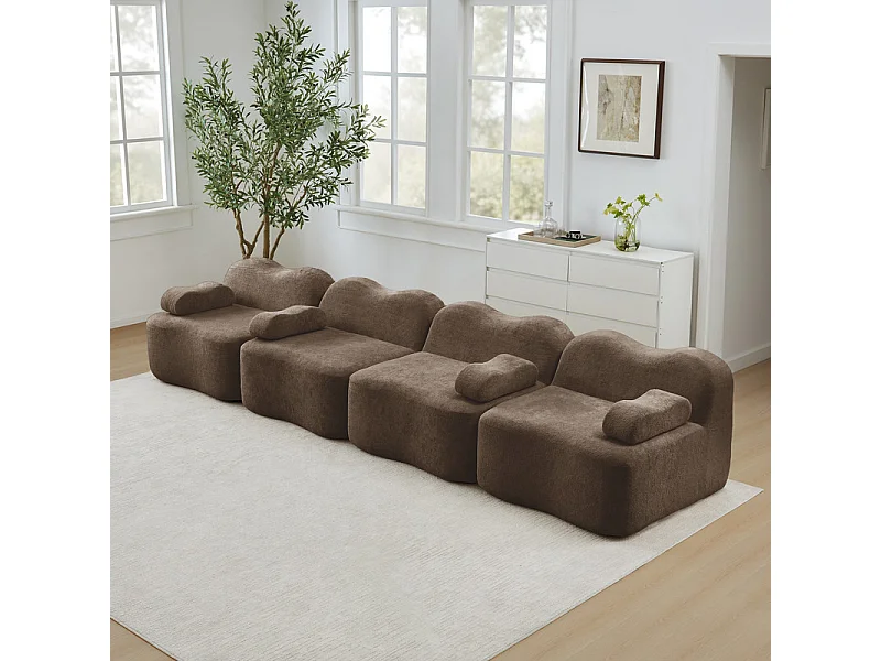 Canapé modulable en velours - 4 places - coussin d'accoudoir mobile - 384x98x70cm - Marron