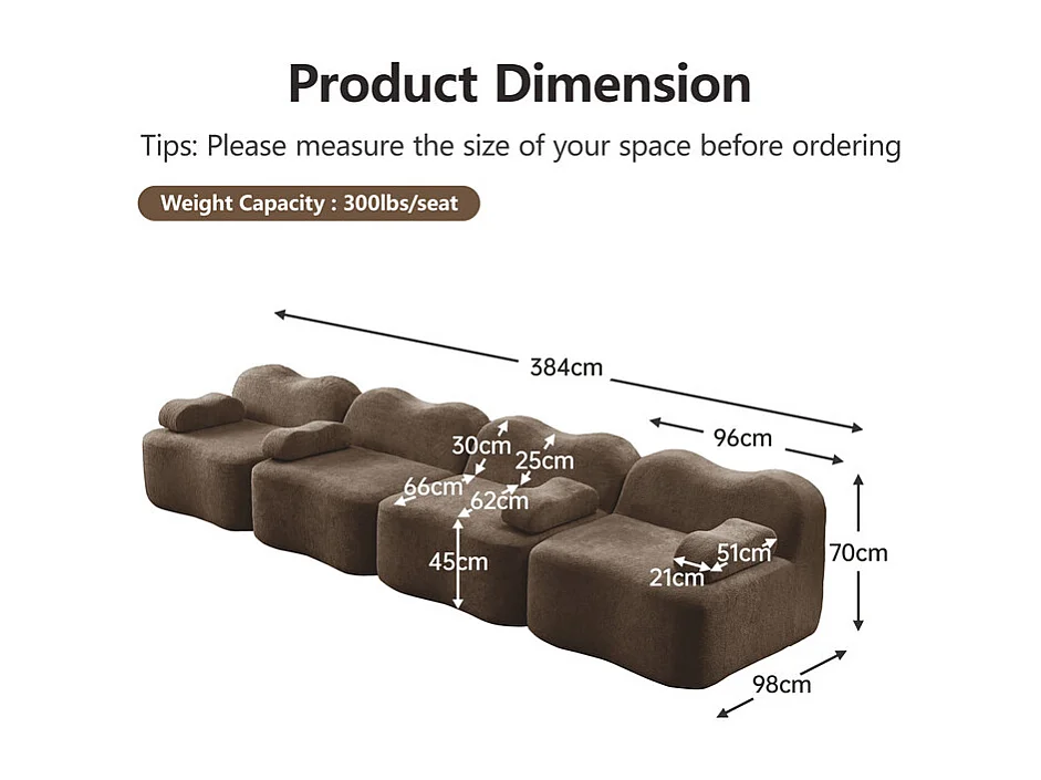 Canapé modulable en velours - 4 places - coussin d'accoudoir mobile - 384x98x70cm - Marron