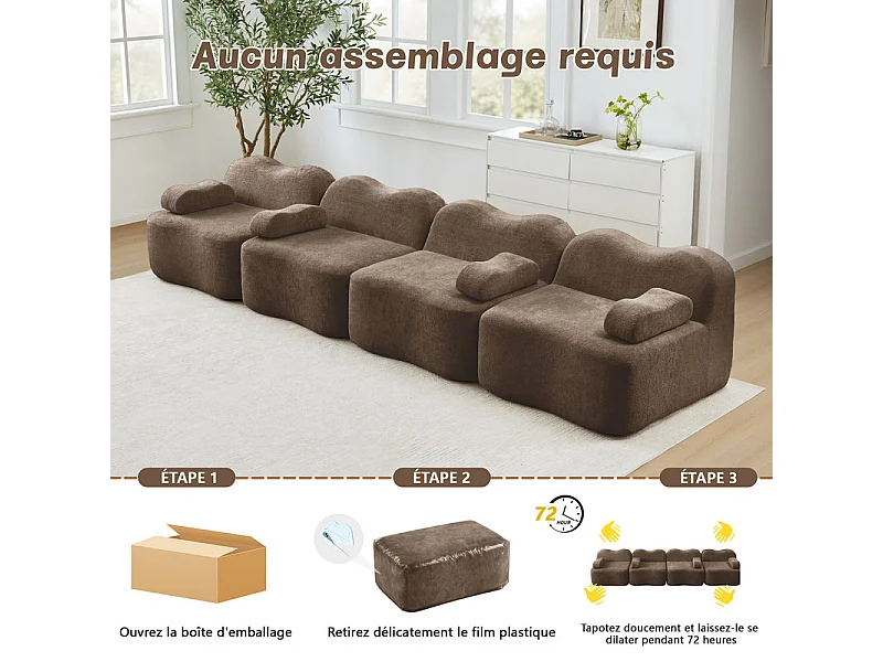 Canapé modulable en velours - 4 places - coussin d'accoudoir mobile - 384x98x70cm - Marron