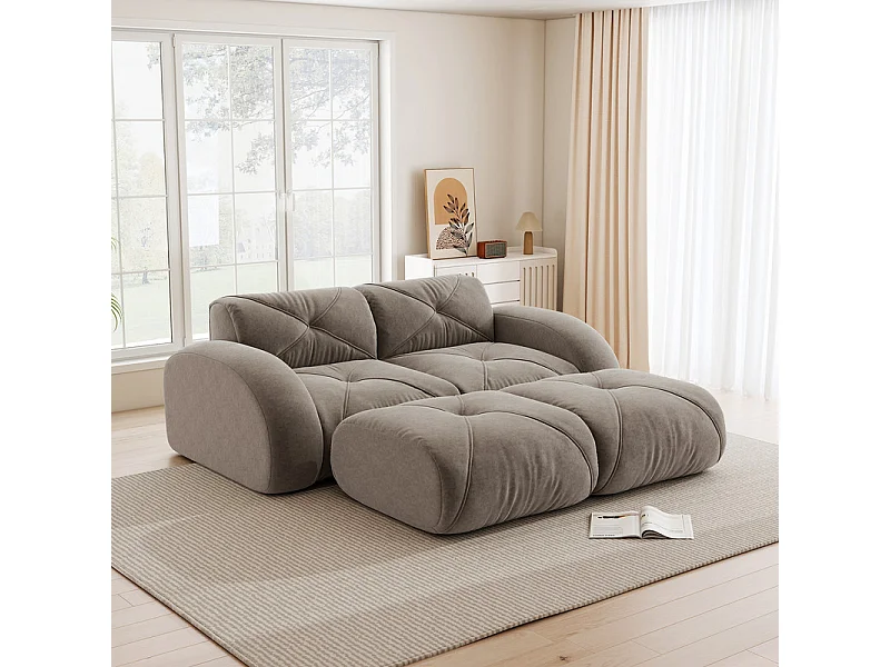 Canapé d'angle modulable en tissu chenille, 2 places, avec 2 pouf, 204x171x76cm, Marron
