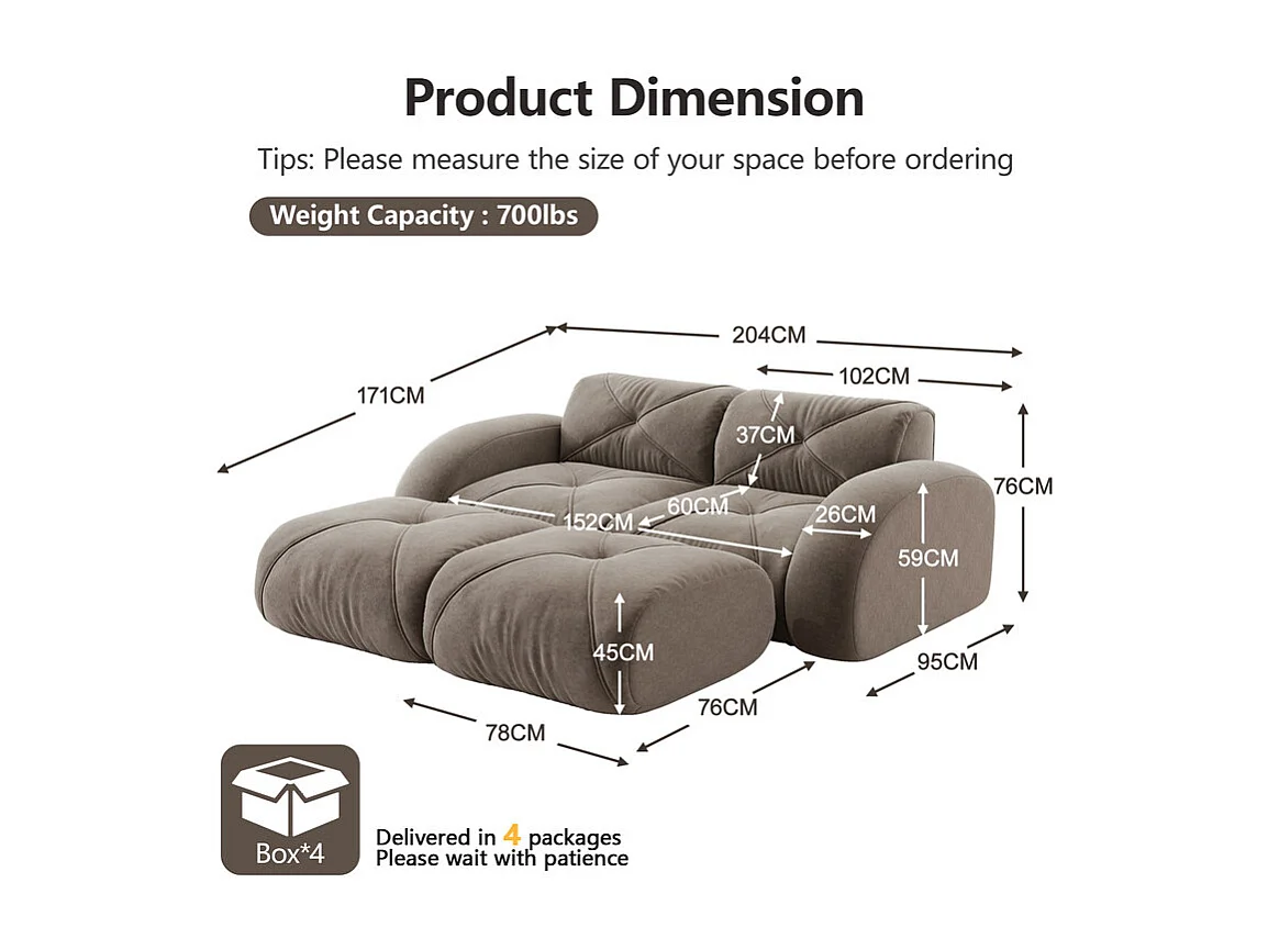 Canapé d'angle modulable en tissu chenille, 2 places, avec 2 pouf, 204x171x76cm, Marron