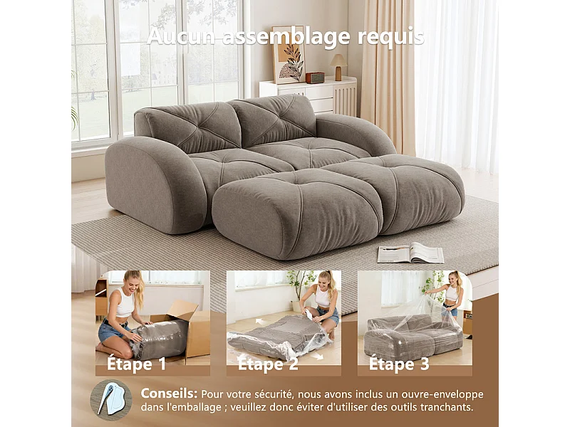 Canapé d'angle modulable en tissu chenille, 2 places, avec 2 pouf, 204x171x76cm, Marron