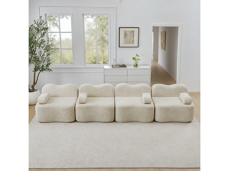 Canapé modulable en velours - 4 places - coussin d'accoudoir mobile - 384x98x70cm - Beige