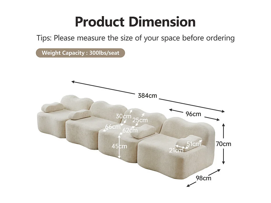 Canapé modulable en velours - 4 places - coussin d'accoudoir mobile - 384x98x70cm - Beige