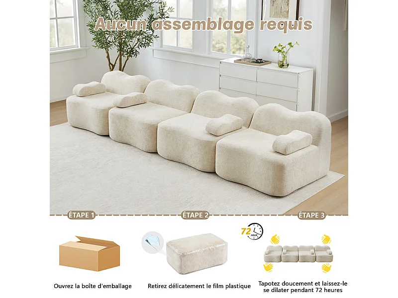 Canapé modulable en velours - 4 places - coussin d'accoudoir mobile - 384x98x70cm - Beige