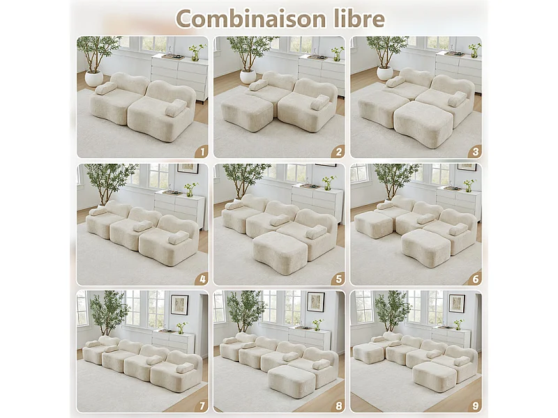 Canapé modulable en velours - 4 places - coussin d'accoudoir mobile - 384x98x70cm - Beige