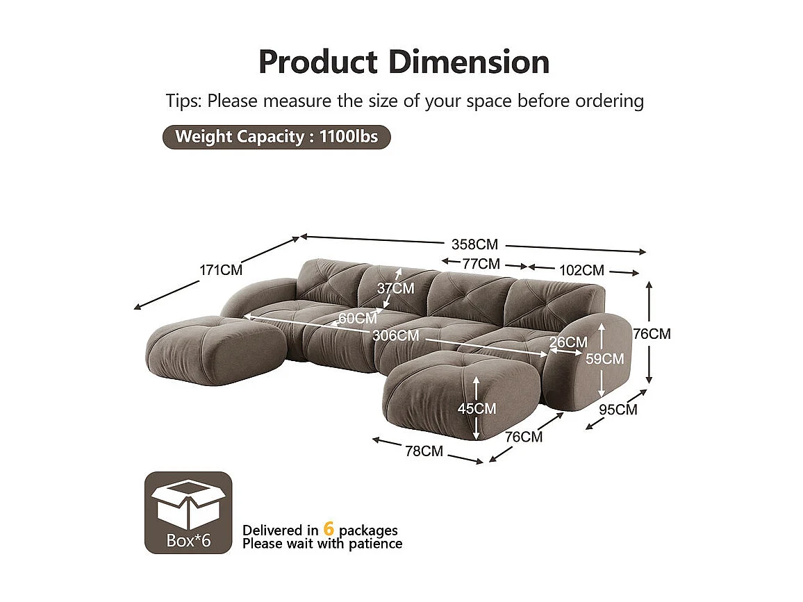 Canapé d'angle 4 places modulable en tissu chenille, avec 2 pouf, 358x171x76cm, Marron