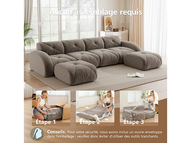 Canapé d'angle 4 places modulable en tissu chenille, avec 2 pouf, 358x171x76cm, Marron