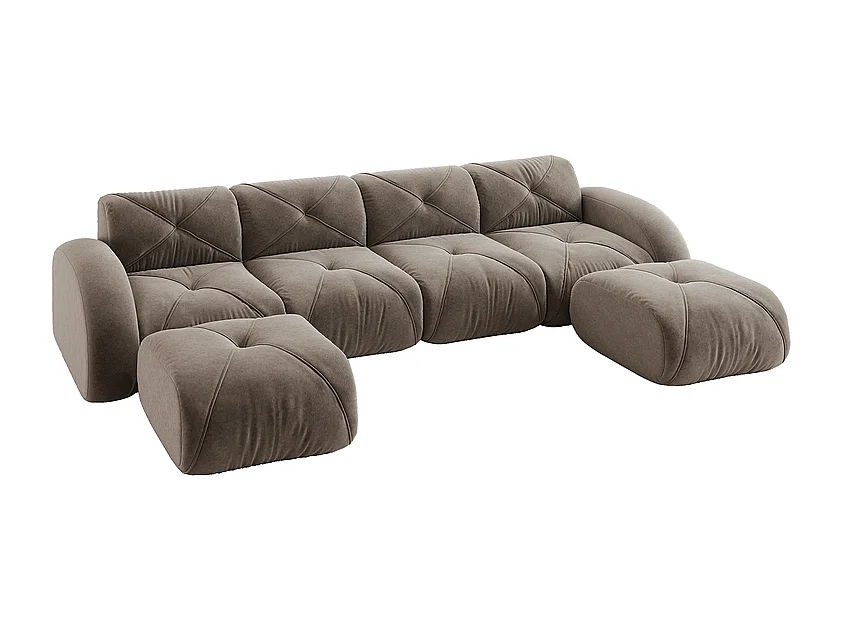 Canapé d'angle 4 places modulable en tissu chenille, avec 2 pouf, 358x171x76cm, Marron
