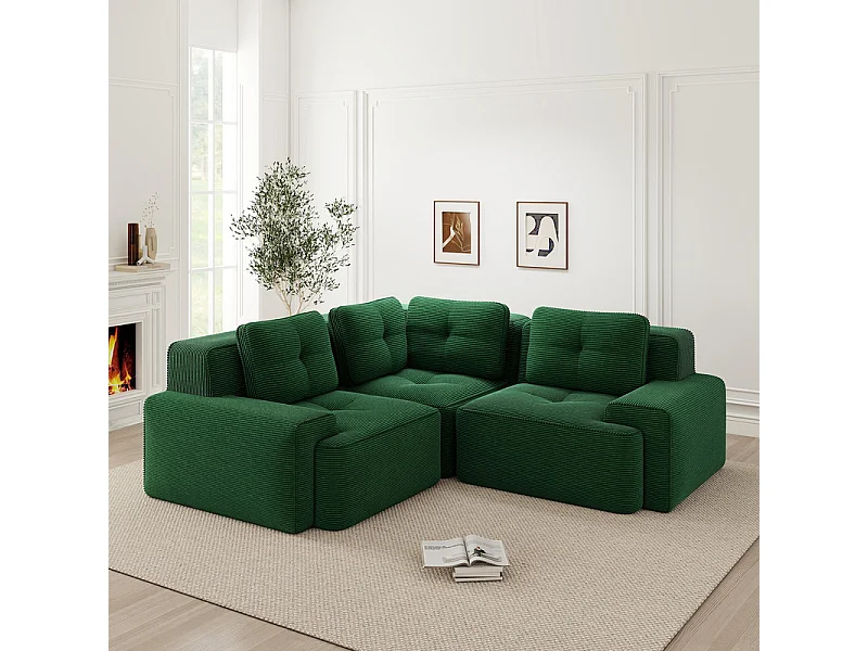 Canapé d'angle gauche modulable en velours côtelé, avec 4 coussins, 177x177x69cm, Vert
