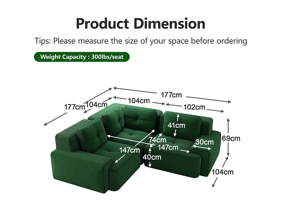 Canapé d'angle gauche modulable en velours côtelé, avec 4 coussins, 177x177x69cm, Vert