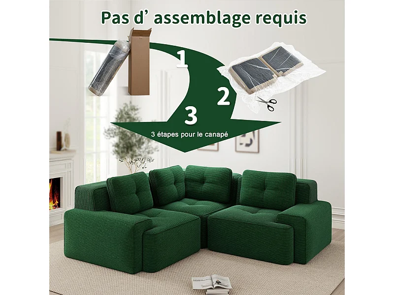 Canapé d'angle gauche modulable en velours côtelé, avec 4 coussins, 177x177x69cm, Vert