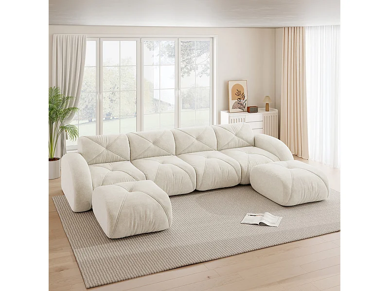Canapé d'angle 4 places modulable en tissu chenille, avec 2 pouf, 358x171x76cm, Blanc