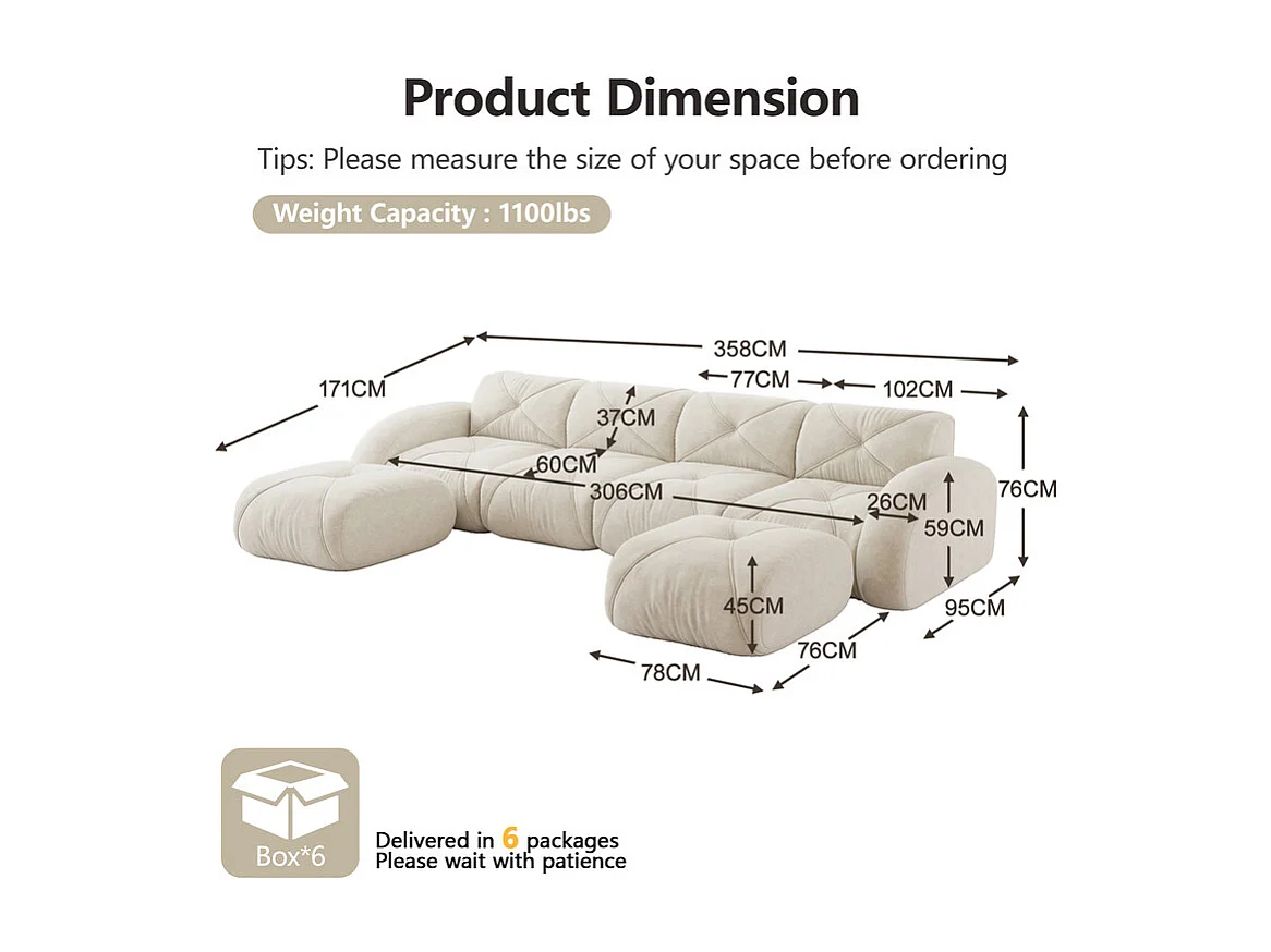 Canapé d'angle 4 places modulable en tissu chenille, avec 2 pouf, 358x171x76cm, Blanc