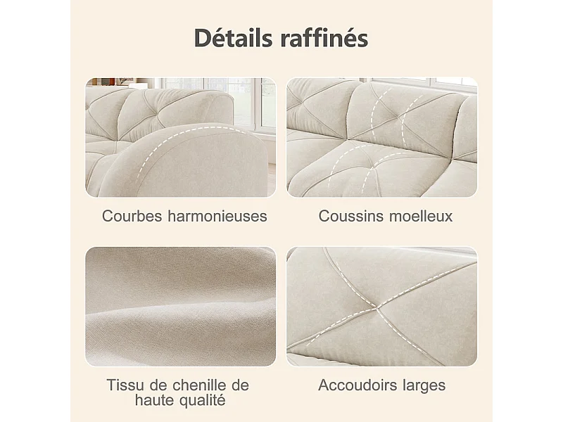 Canapé d'angle 4 places modulable en tissu chenille, avec 2 pouf, 358x171x76cm, Blanc