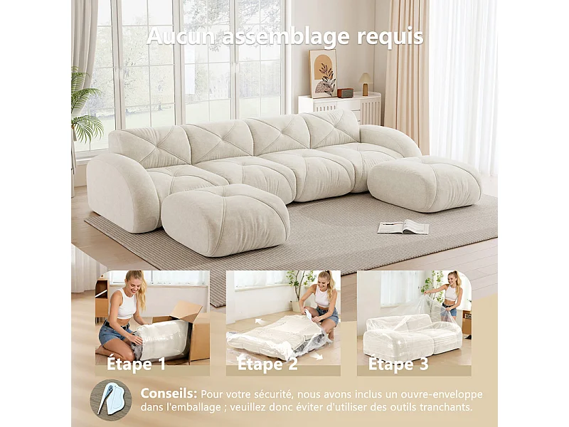 Canapé d'angle 4 places modulable en tissu chenille, avec 2 pouf, 358x171x76cm, Blanc