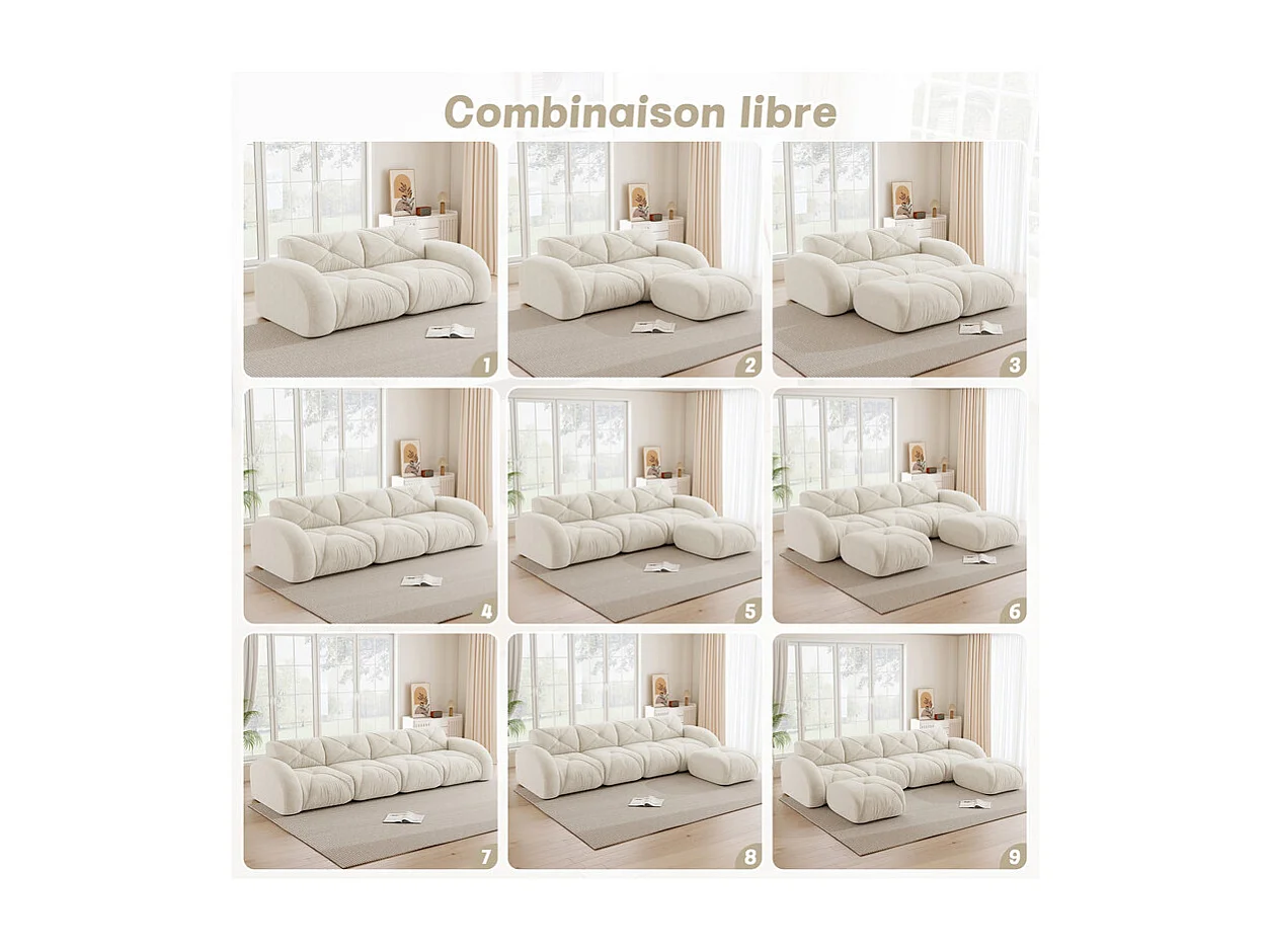 Canapé d'angle 4 places modulable en tissu chenille, avec 2 pouf, 358x171x76cm, Blanc