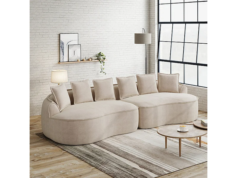 Canapé 4 places modulable en tissu chenille, avec 6 coussins, 63cm assise profonde, 320x114x67cm, Beige