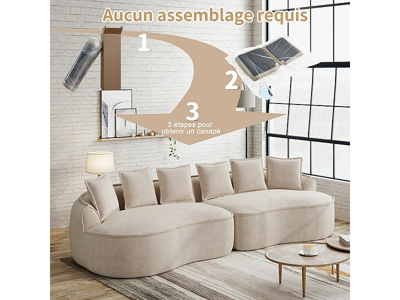 Canapé 4 places modulable en tissu chenille, avec 6 coussins, 63cm assise profonde, 320x114x67cm, Beige