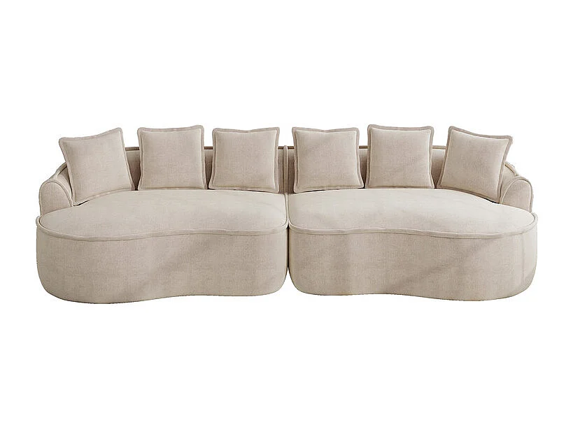Canapé 4 places modulable en tissu chenille, avec 6 coussins, 63cm assise profonde, 320x114x67cm, Beige