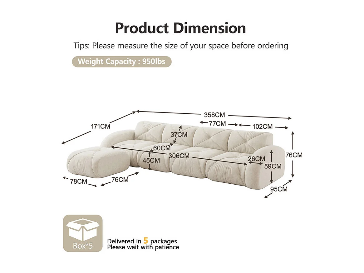 Canapé 4 places d'angle modulable en tissu chenille, avec pouf, 358x171x76cm, Blanc