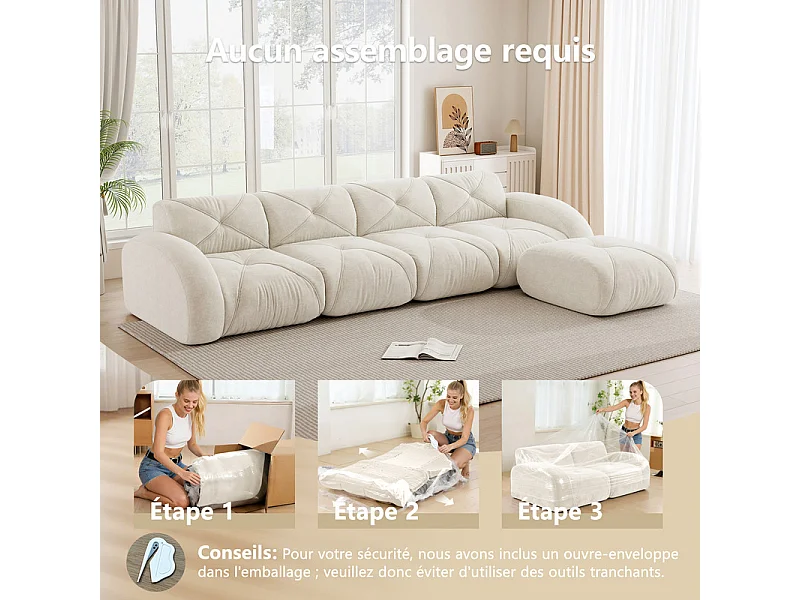 Canapé 4 places d'angle modulable en tissu chenille, avec pouf, 358x171x76cm, Blanc