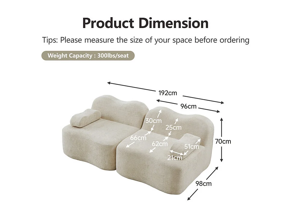 2-zits modulaire bank van fluweel, met mobiel armleuningskussen, 192x98x70cm, Beige