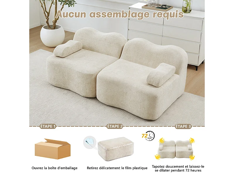 2-zits modulaire bank van fluweel, met mobiel armleuningskussen, 192x98x70cm, Beige