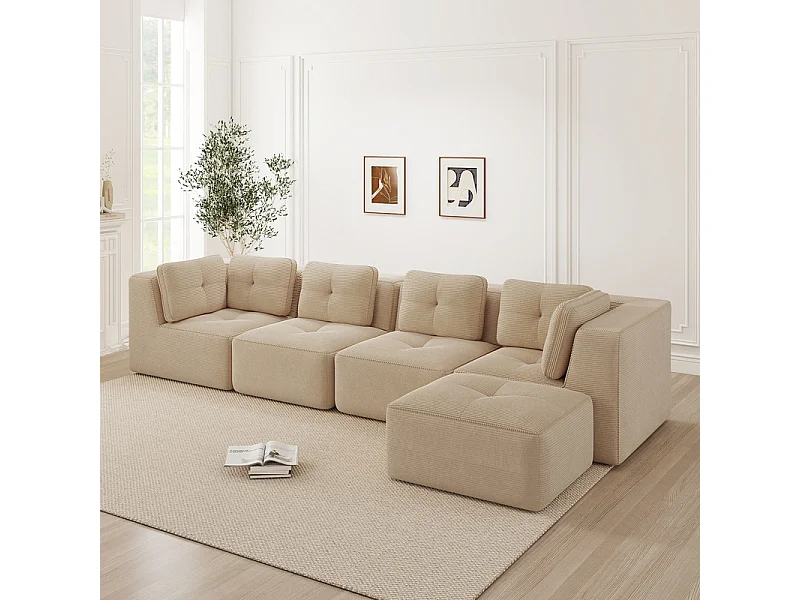 Canapé 4 places d'angle en velours côtelé, avec pouf et 6 coussins, 386x177x69cm, Beige
