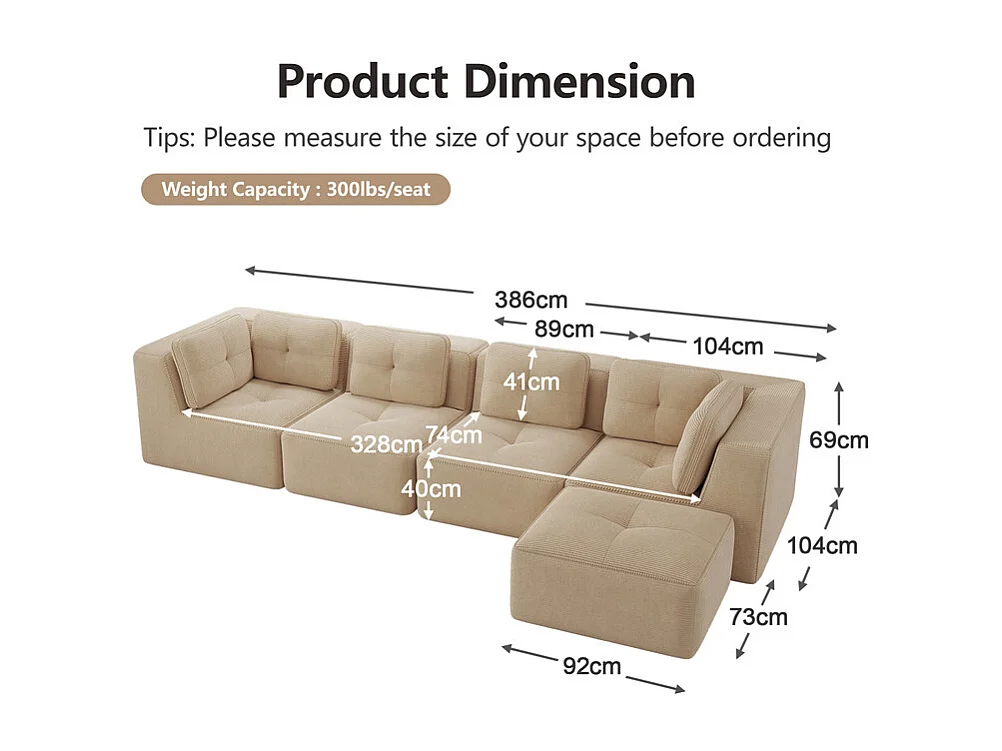 Canapé 4 places d'angle en velours côtelé, avec pouf et 6 coussins, 386x177x69cm, Beige