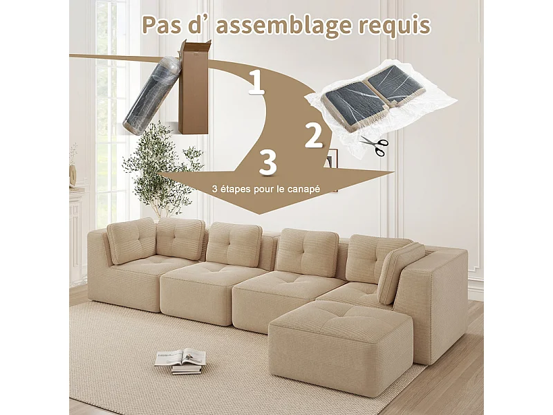 Canapé 4 places d'angle en velours côtelé, avec pouf et 6 coussins, 386x177x69cm, Beige
