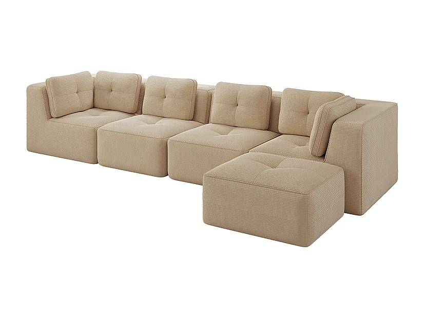 Canapé 4 places d'angle en velours côtelé, avec pouf et 6 coussins, 386x177x69cm, Beige